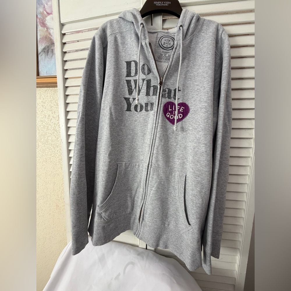 LIFE IS GOOD “Do What you Love”patch Heather Gray Zip-Up Hoodie Jacket w pockets - Picture 9 of 12